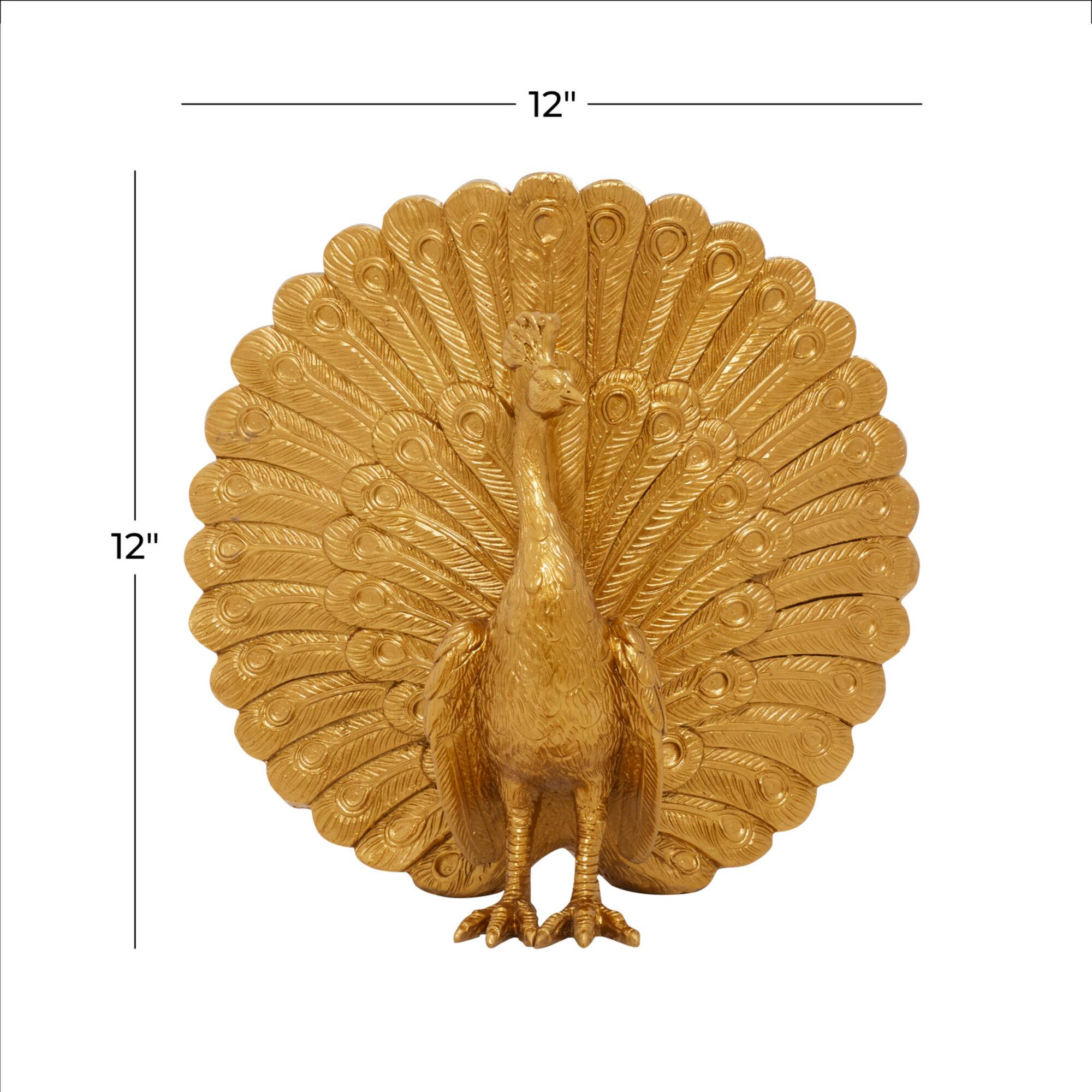 Gold Polystone Glam Peacock Sculpture, 12" x 12" x 5"